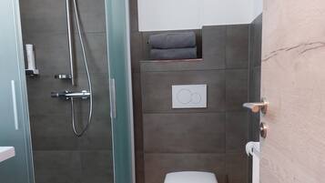 A modern bathroom with a glass-enclosed shower, a toilet, and a towel rack.