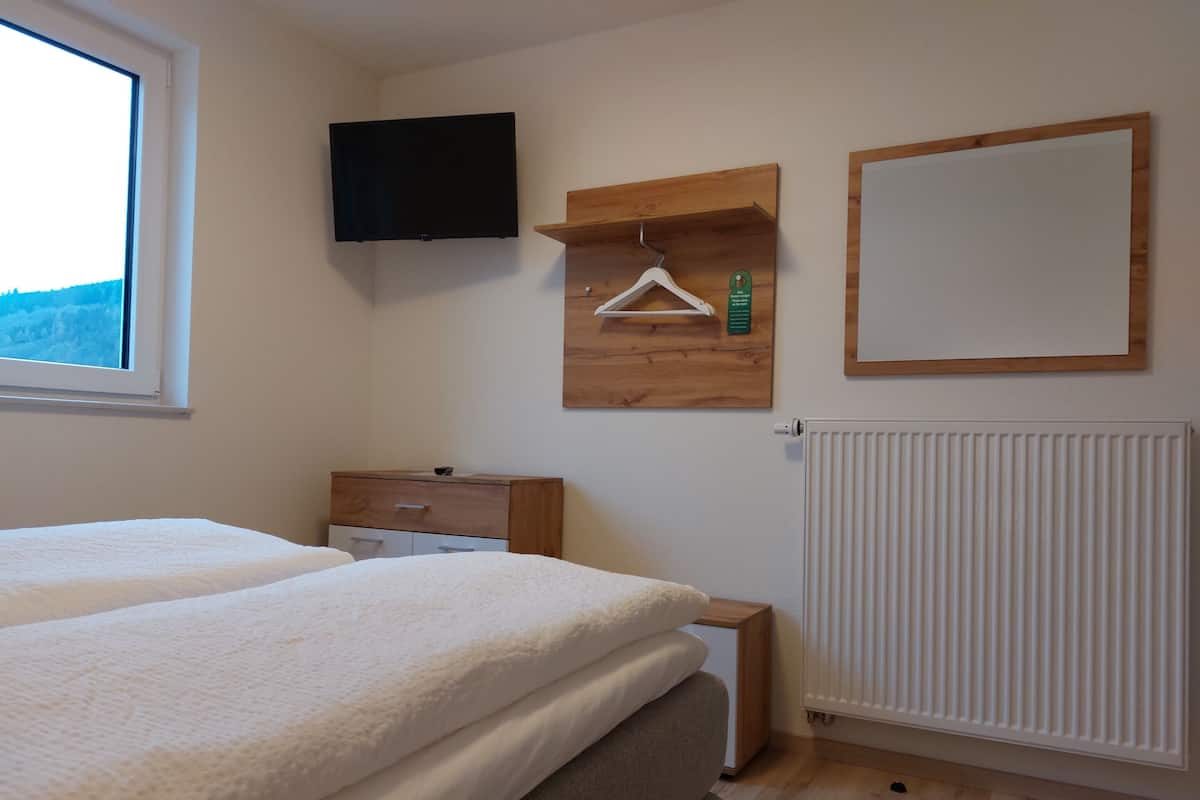 A bedroom with a bed, a dresser, a TV mounted on the wall, a radiator, and a window with a view of the outdoors.