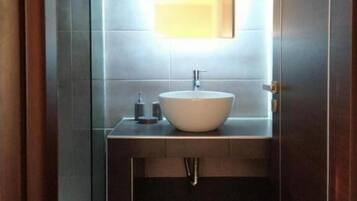 A modern bathroom with a large vessel sink, a mirror above it, and a shower area to the left.