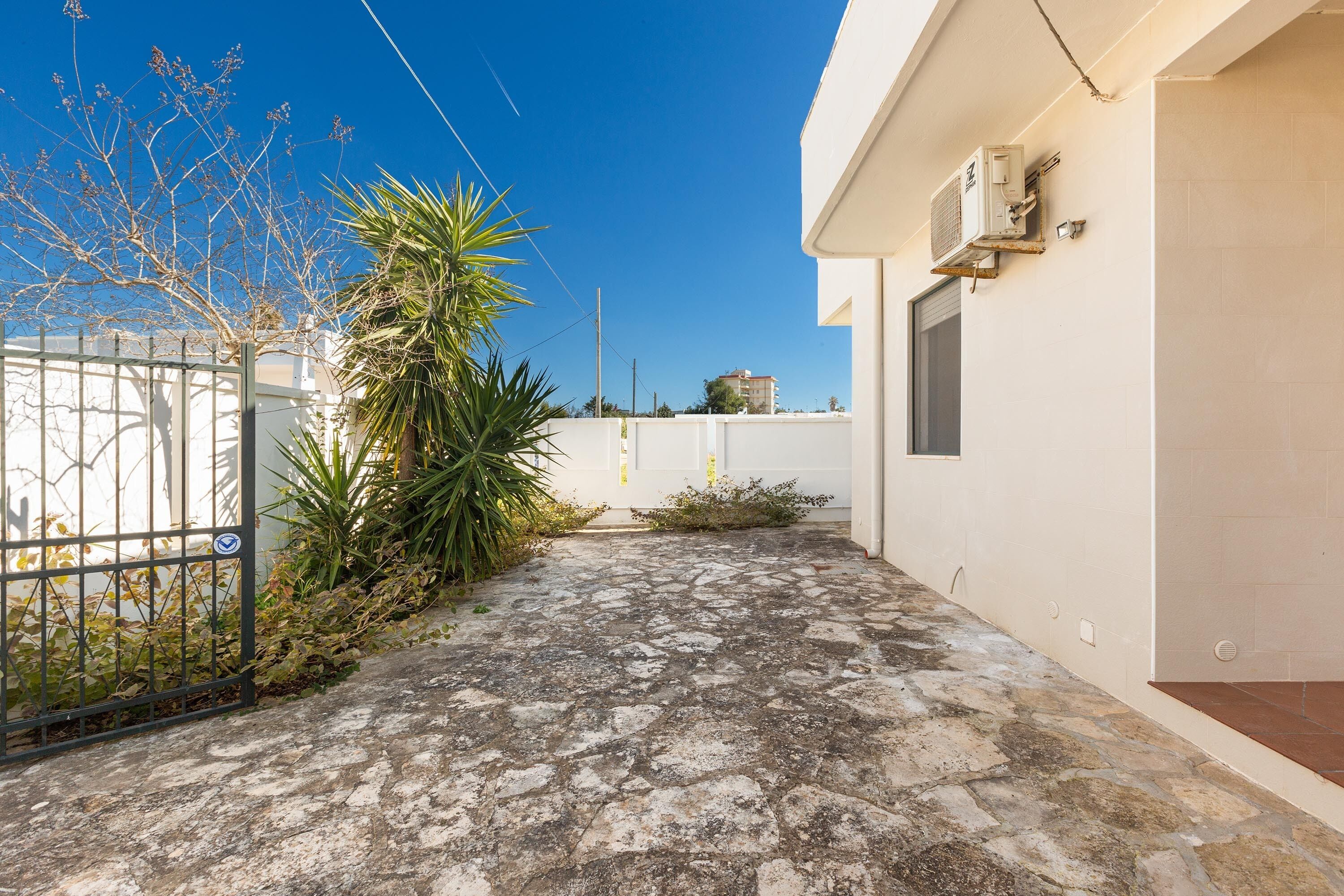 A paved courtyard with a gate, a palm tree, and an air conditioning unit on the building.
