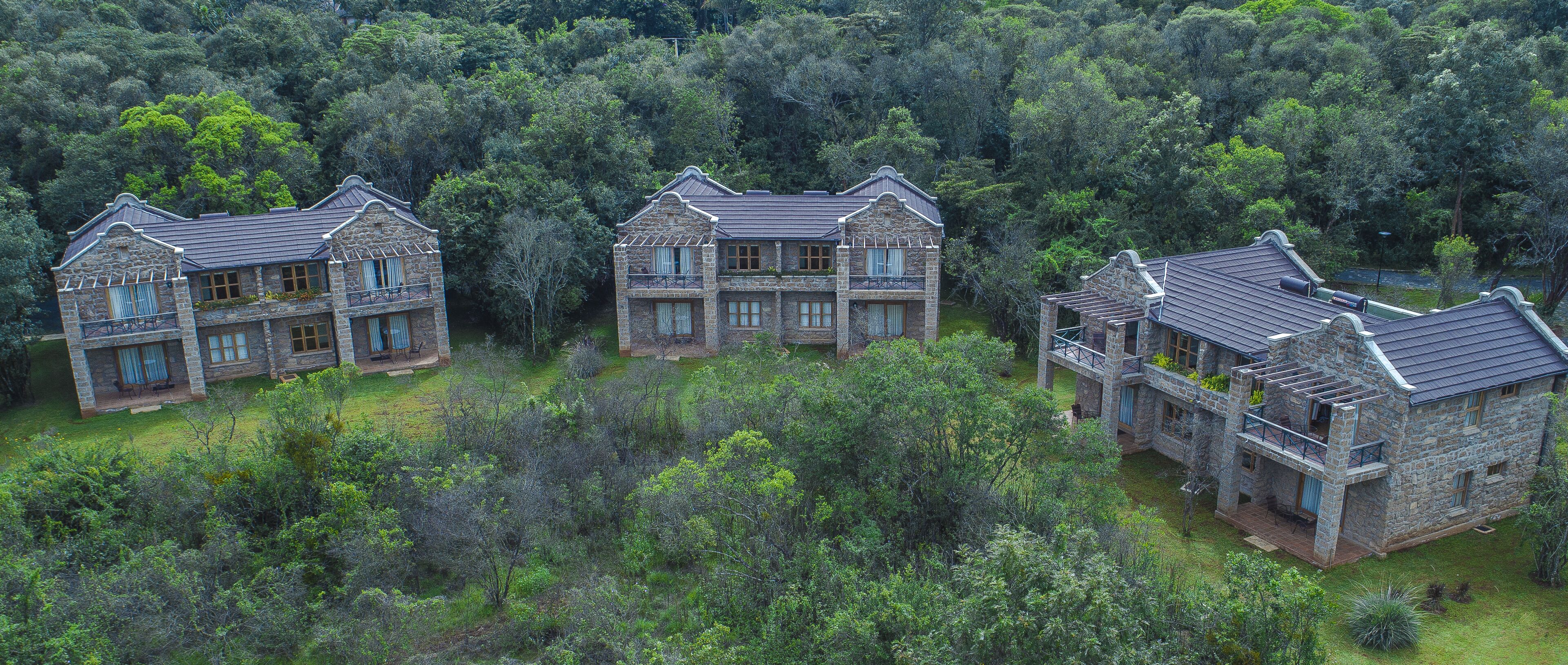 Un grand bâtiment en pierre à plusieurs étages, de conception symétrique, entouré d’une forêt dense.