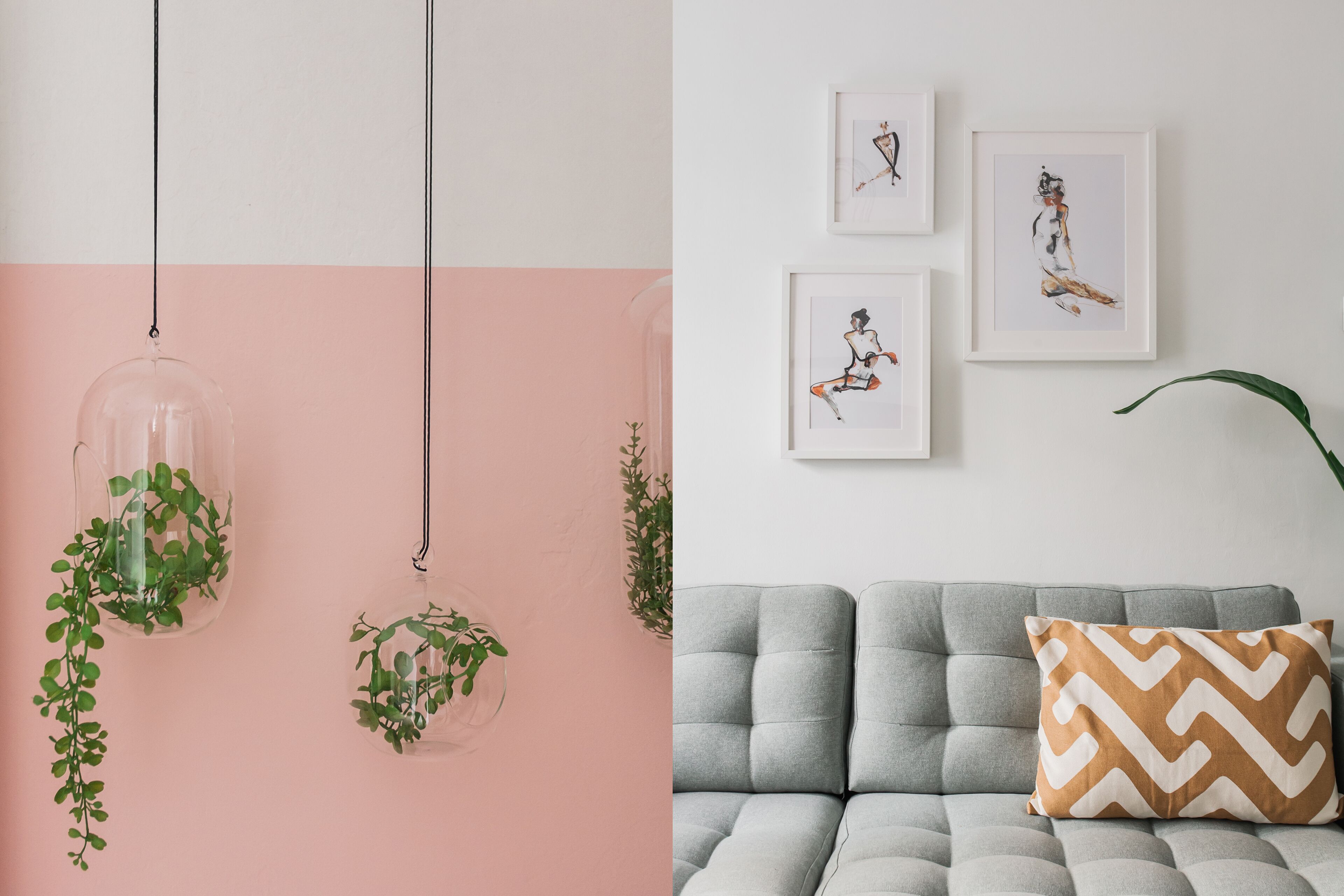 Quarto com sofá cinzento, almofada decorativa estampada e três obras de arte emolduradas na parede.