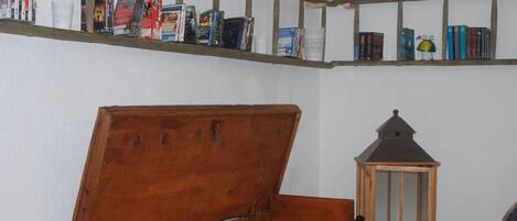 A wooden chest with a hinged lid, a shelf with books and a lantern, and a wall socket.