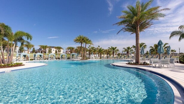 A large, curved swimming pool with clear blue water, surrounded by palm trees and lounge chairs.