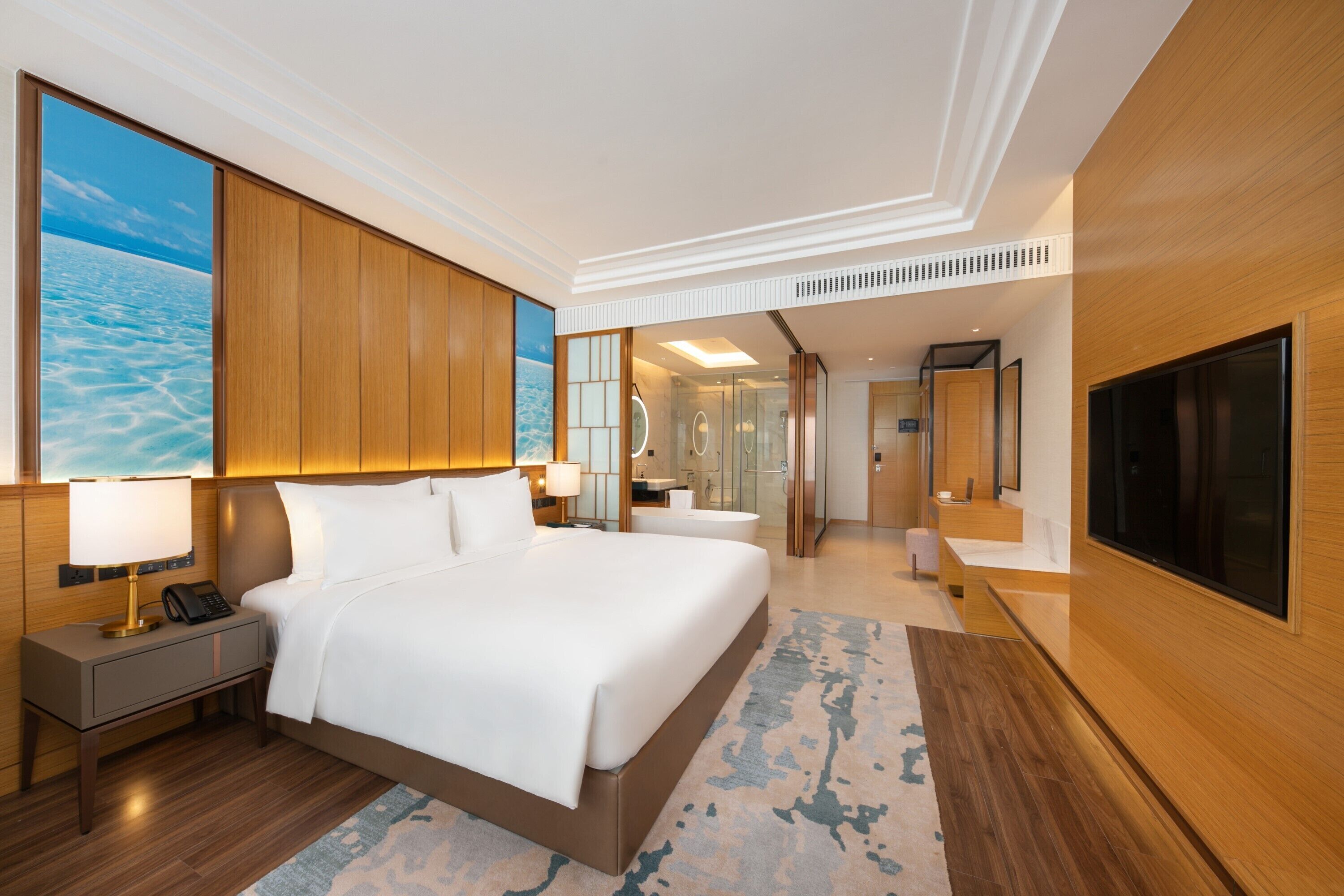 Una habitación de hotel moderna con una cama grande, televisión, baño y vista al océano.
