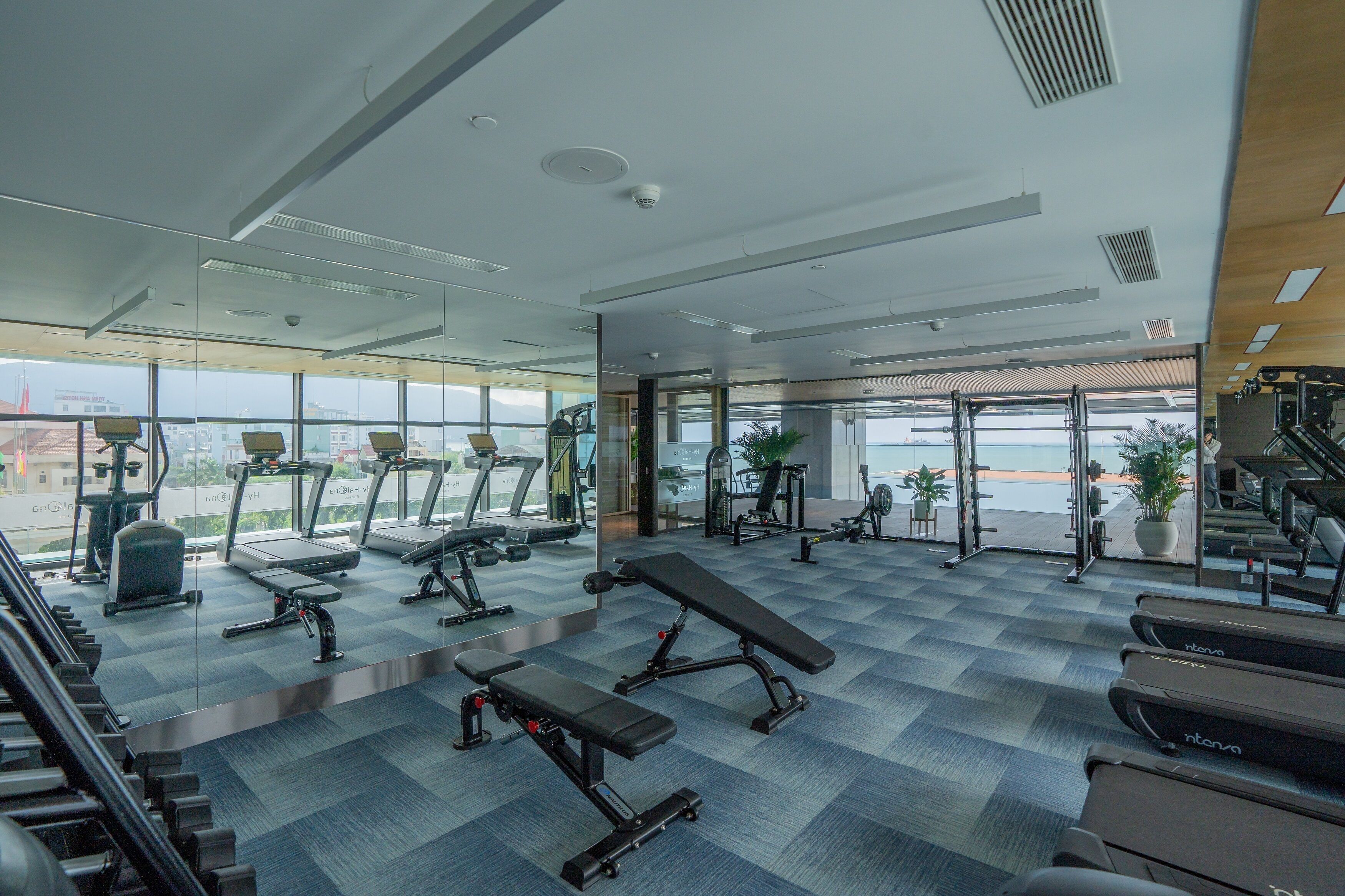 A modern gym with treadmills, benches, and weight machines.