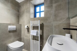 Shower, hair dryer, towels