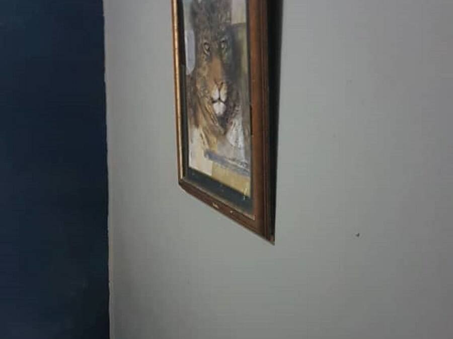 Un cuadro con un león en una pared de una habitación, con una pared lisa y una esquina oscura.