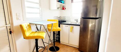 Fridge, microwave, coffee/tea maker, high chair