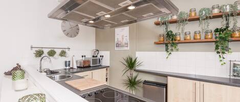 Fridge, microwave, oven, toaster