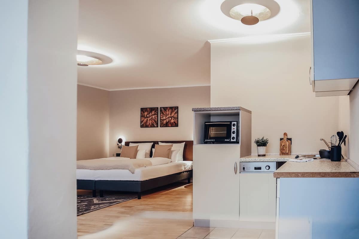 Una camera da letto moderna con un letto, un angolo cottura e una lampada a soffitto.