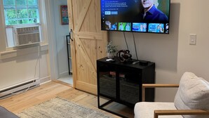 Una sala de estar moderna con un televisor de pantalla plana grande montado en la pared, una puerta corredera estilo granero, un sofá gris con un cojín estampado y piso de madera.
