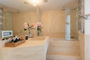 Combined shower/tub, hair dryer, bidet, towels