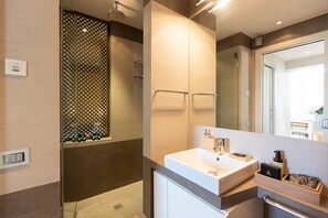 Combined shower/tub, hair dryer, bidet, towels
