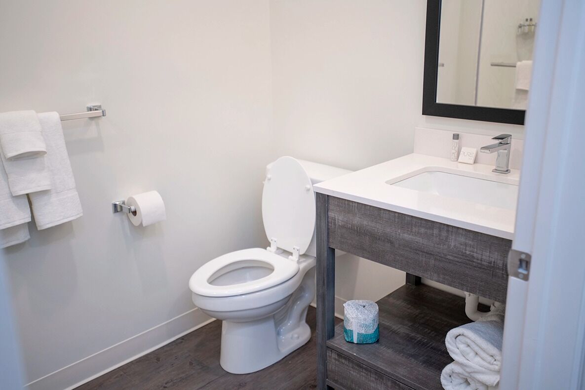 A bathroom with a toilet, a sink, and a mirror.