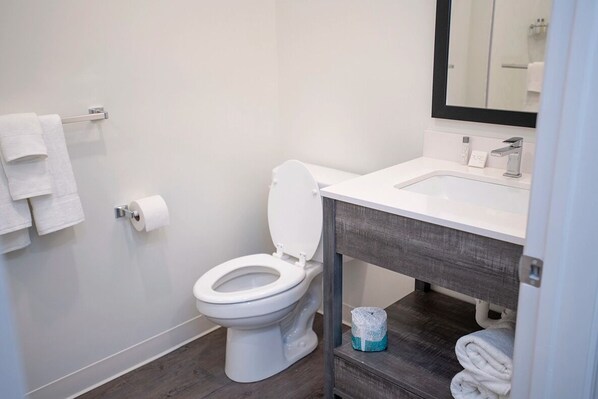 Une salle de bain avec des toilettes, un lavabo et un miroir.