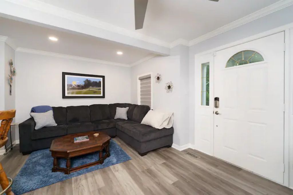 Smart TV, fireplace, books, stereo