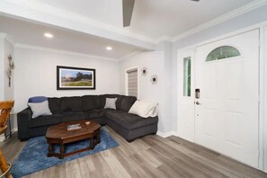 TV connectée, cheminée, livres, chaîne hi-fi