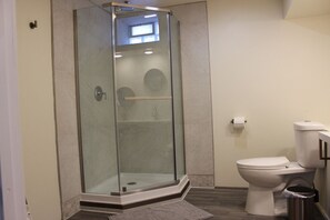 Une salle de bain moderne avec une douche à parois de verre, des toilettes et une poubelle.