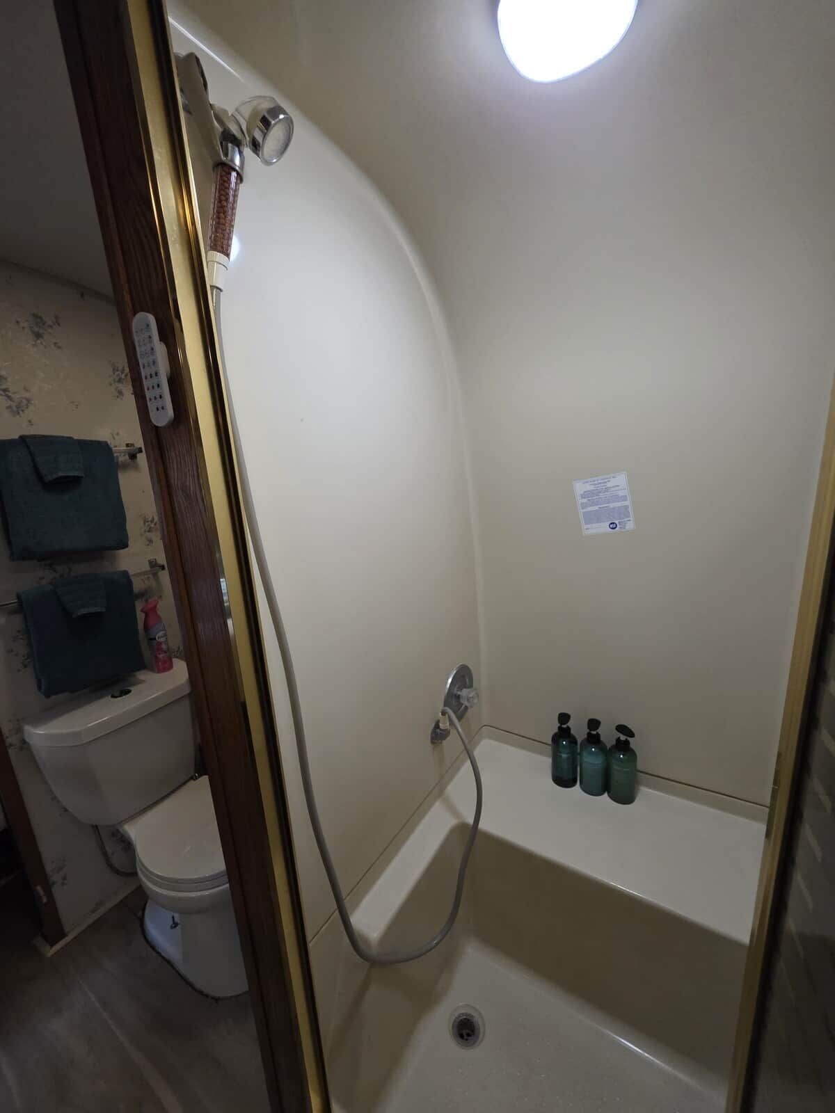 Een kleine badkamer met een douche, toilet en een plank met toiletartikelen.