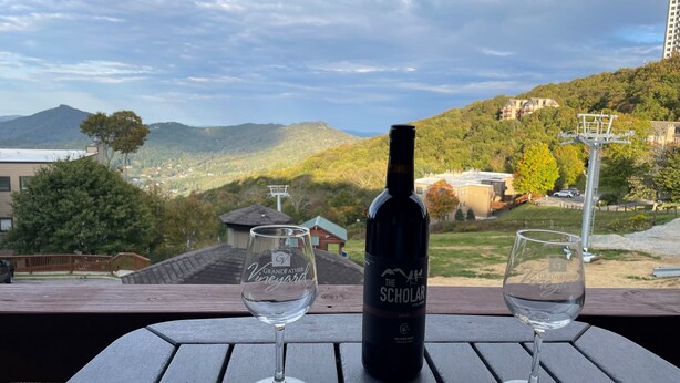 A bottle of wine and two glasses on a wooden table with a scenic view of hills and buildings in the background.