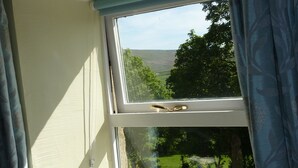 A window with a view of a green landscape, a white pitcher, a saucer, and a small bust on a windowsill. - Butterfly Lodge, historic converted cart house with rural country views (Wearhead)