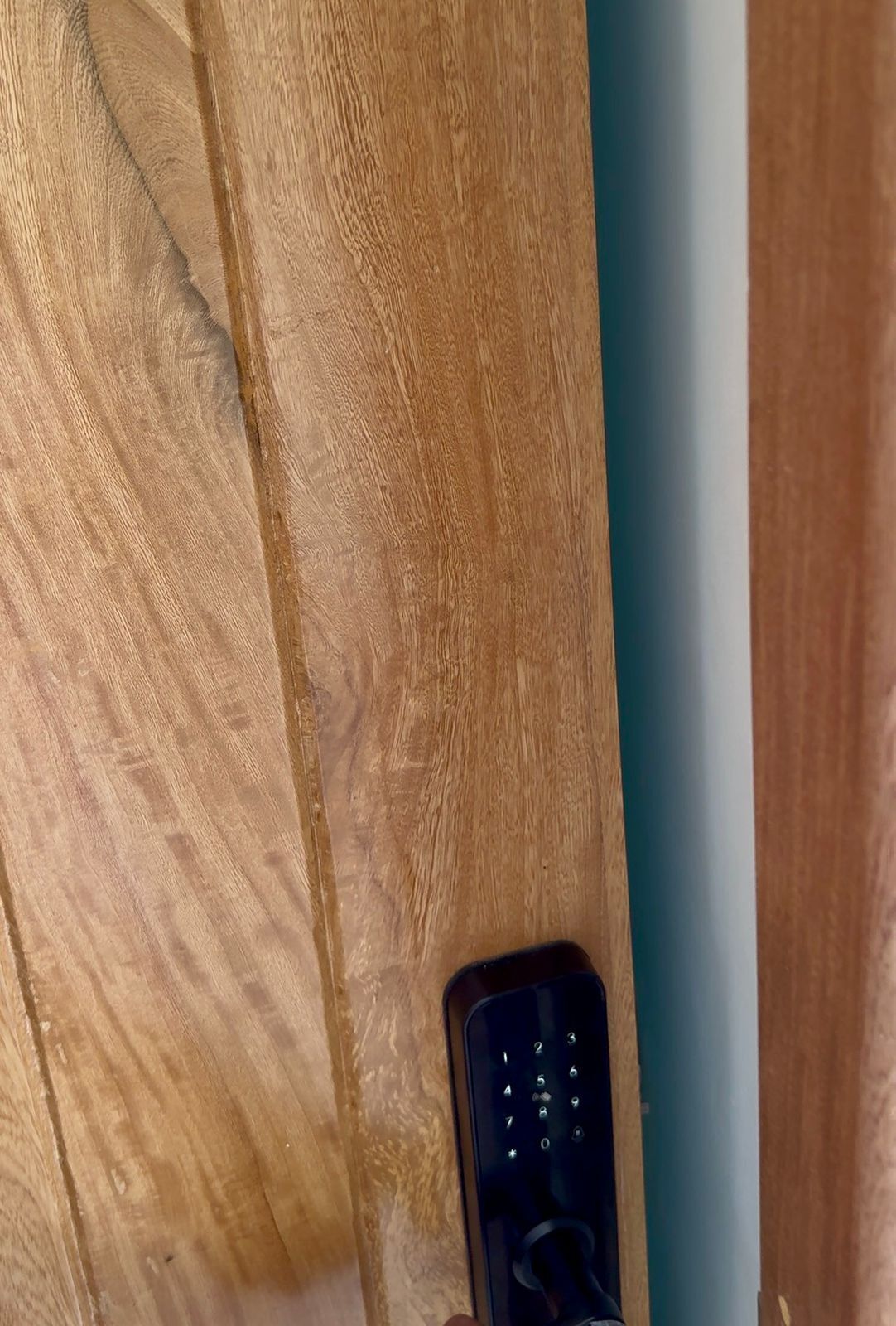 Primer plano de una puerta de madera con cerradura y un cerrojo digital.