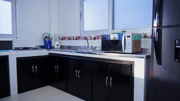 Full-sized fridge, microwave, dishwasher, rice cooker