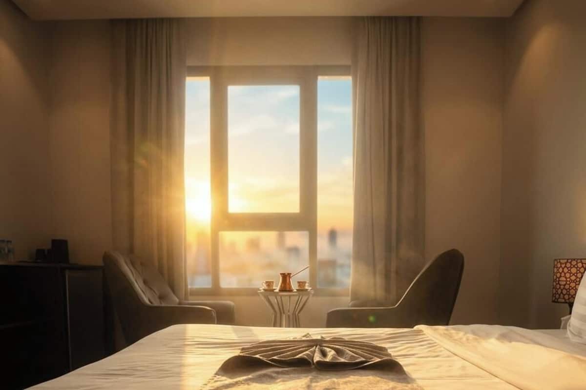 A hotel room with a bed, two chairs, a small table with a teapot, and a view of a cityscape through a large window.
