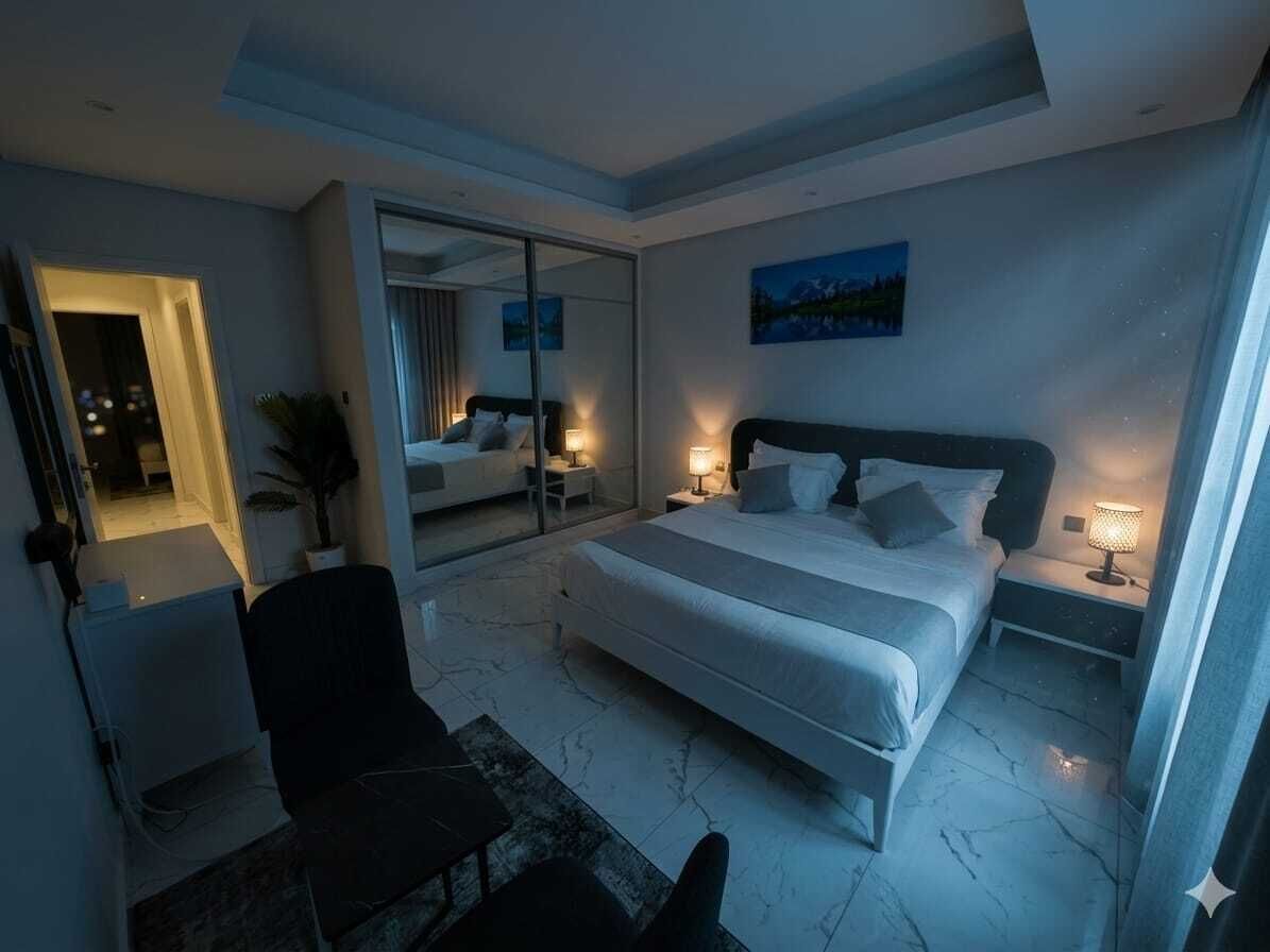 A modern hotel room with a large bed, bedside tables, a chair, a desk, and a large mirror.