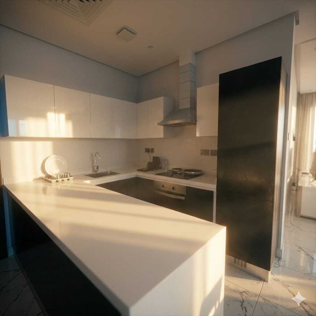 Una cocina moderna con una isla central, armarios empotrados, un refrigerador de acero inoxidable y un microondas.