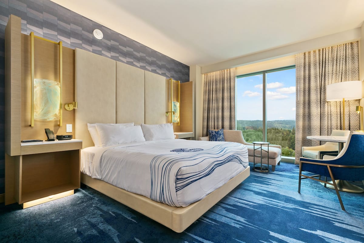 A modern hotel room with a large bed, a desk, a chair, and a view of the outdoors.