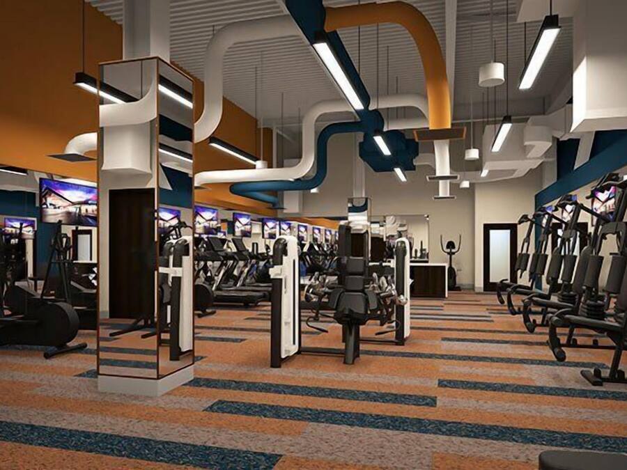 A modern gym with various exercise equipment, including treadmills and weight machines, and a carpeted floor.