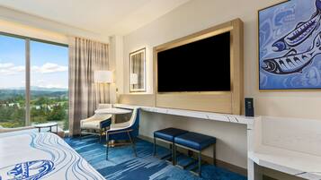 A hotel room with a large bed, a desk, a chair, a TV, and a view of the outdoors.