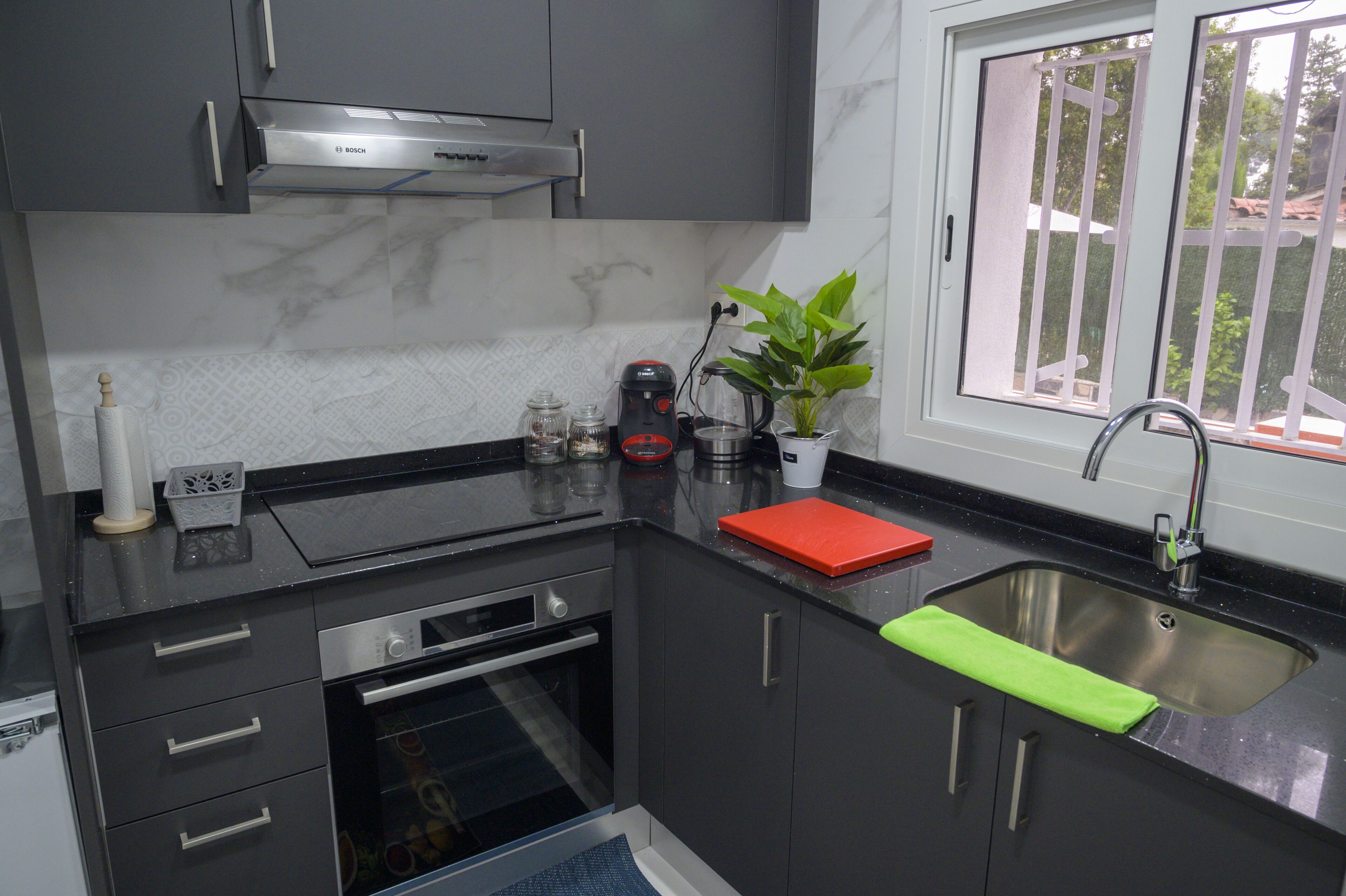 A modern kitchen with a Bosch range hood, a sink, a window with a view, and a potted plant.