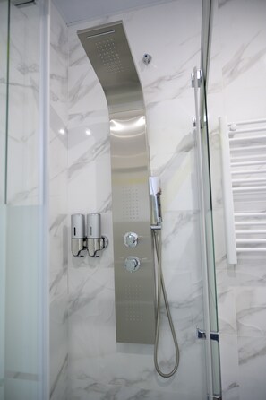 Shower, hair dryer, bidet, towels