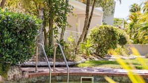 A clear pool with a metal ladder, surrounded by palm trees and a white building.