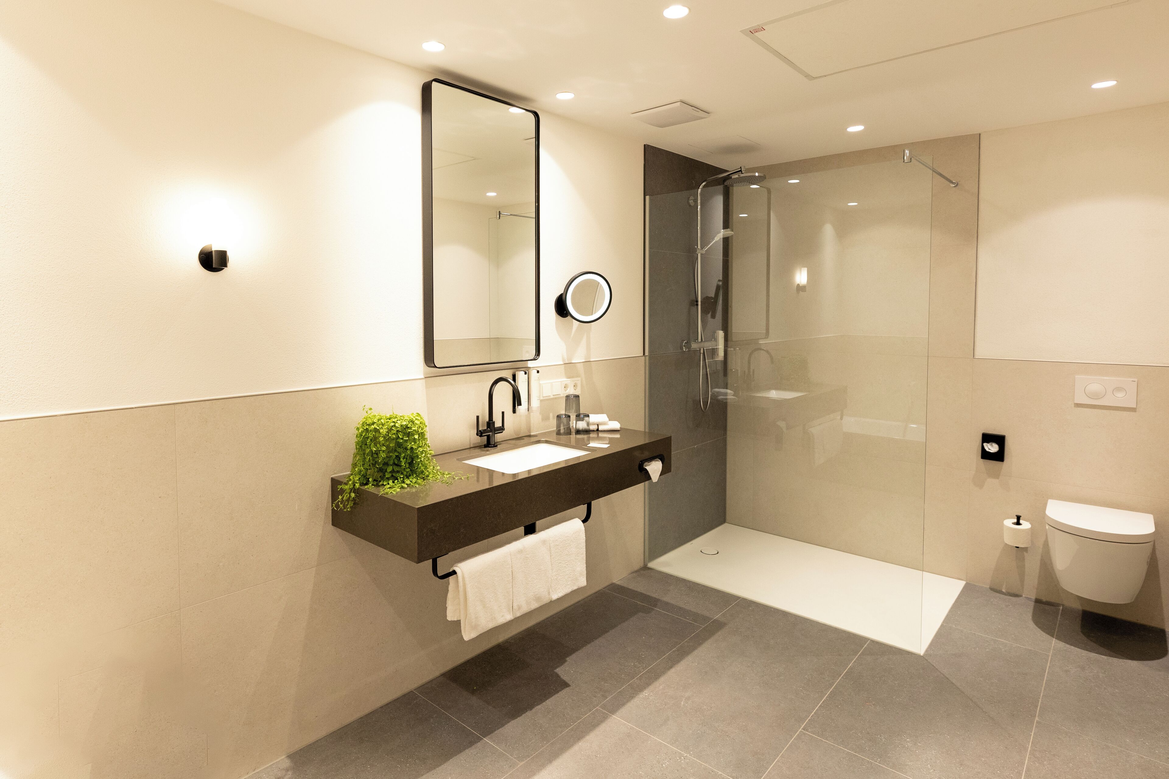 Une salle de bain moderne avec un grand miroir, un lavabo, une douche et des toilettes.