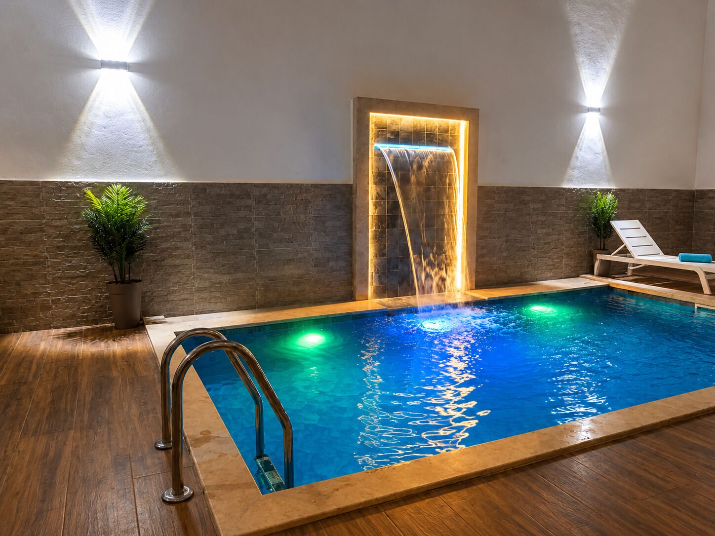 Ein Schwimmbecken mit Wasserfall, Holzterrasse und zwei Kübelpflanzen.