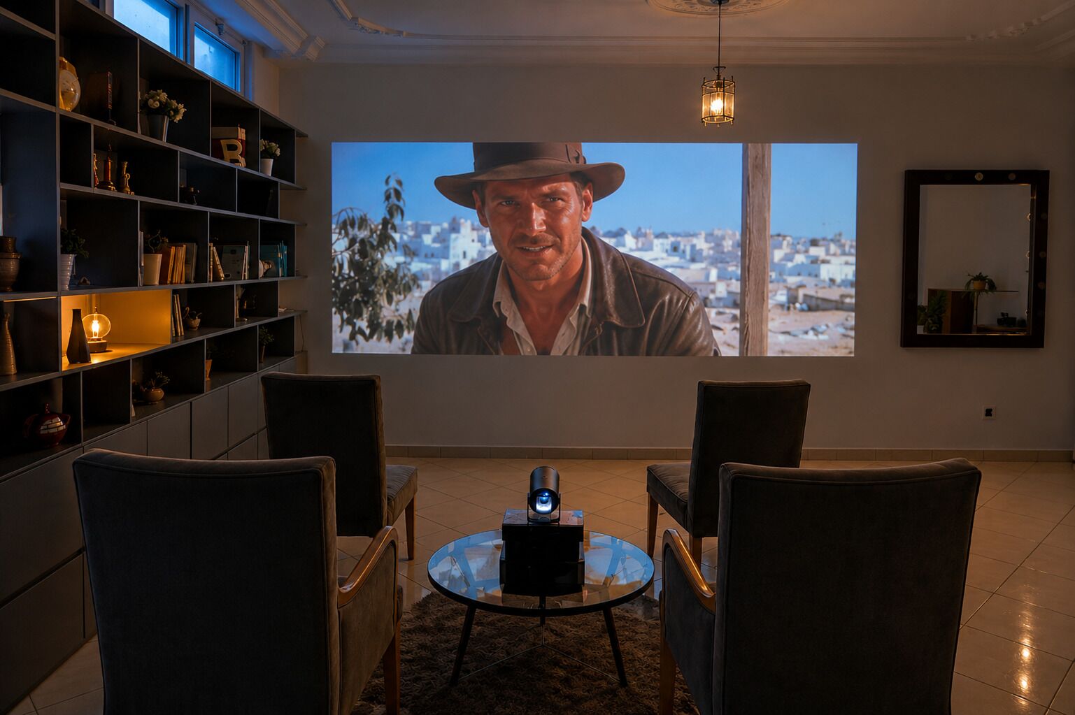 Un salon doté d’un grand écran diffusant un film, de sièges confortables et d’une bibliothèque.