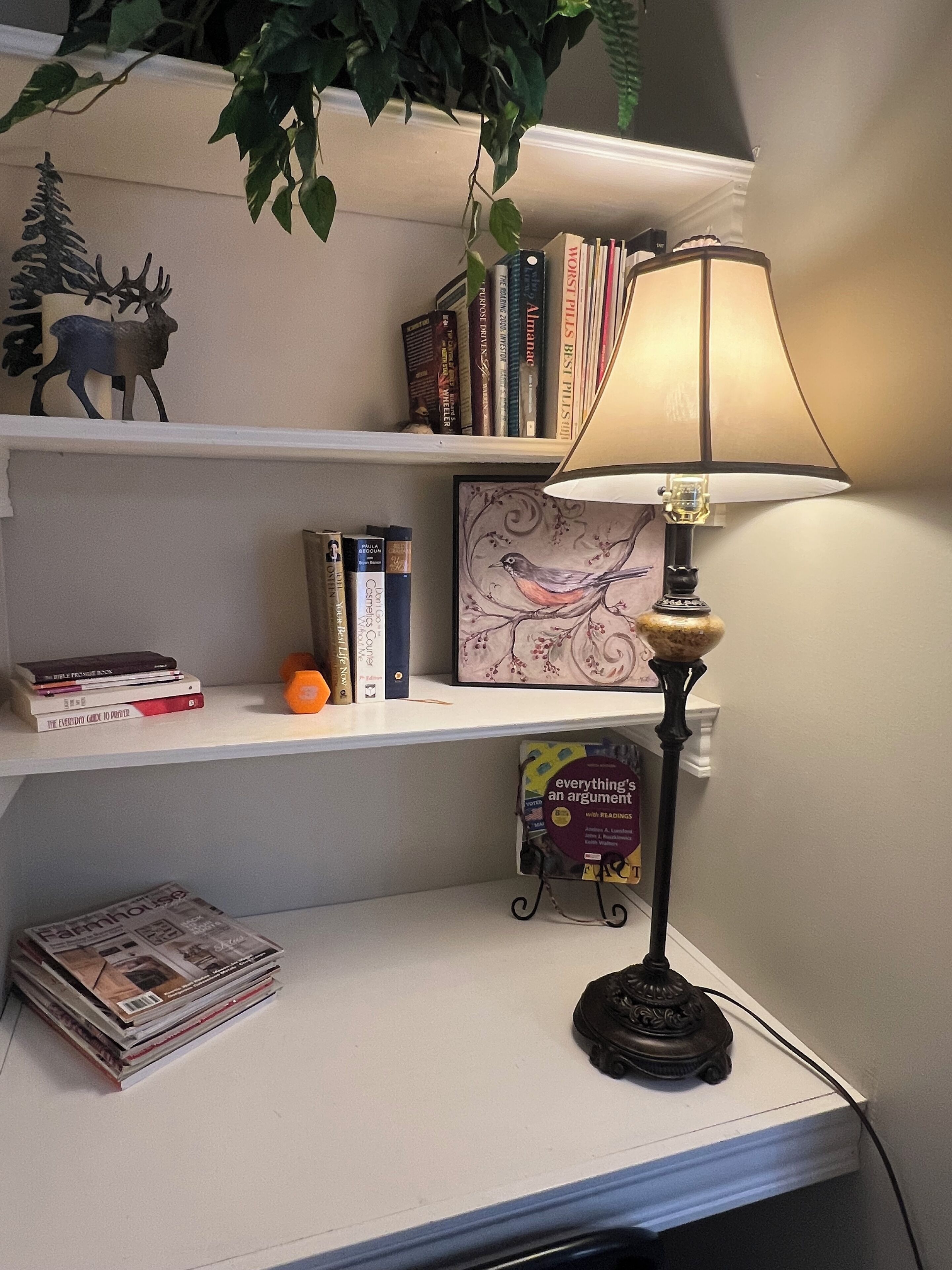 A bookshelf with books, a framed artwork, and a lamp.