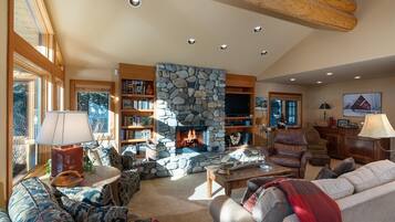 Télévision, cheminée, livres