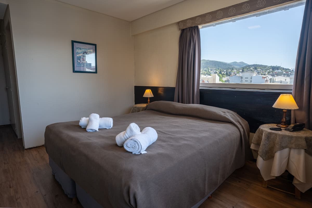 A hotel room with a large bed, two bedside lamps, a view of the city, and a framed picture on the wall.