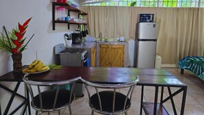 A compact kitchen with a refrigerator, stove, and sink. There is a dining table with two chairs and a potted plant.