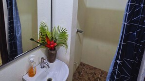 A bathroom with a white sink, a mirror, a plant, and a shower curtain.