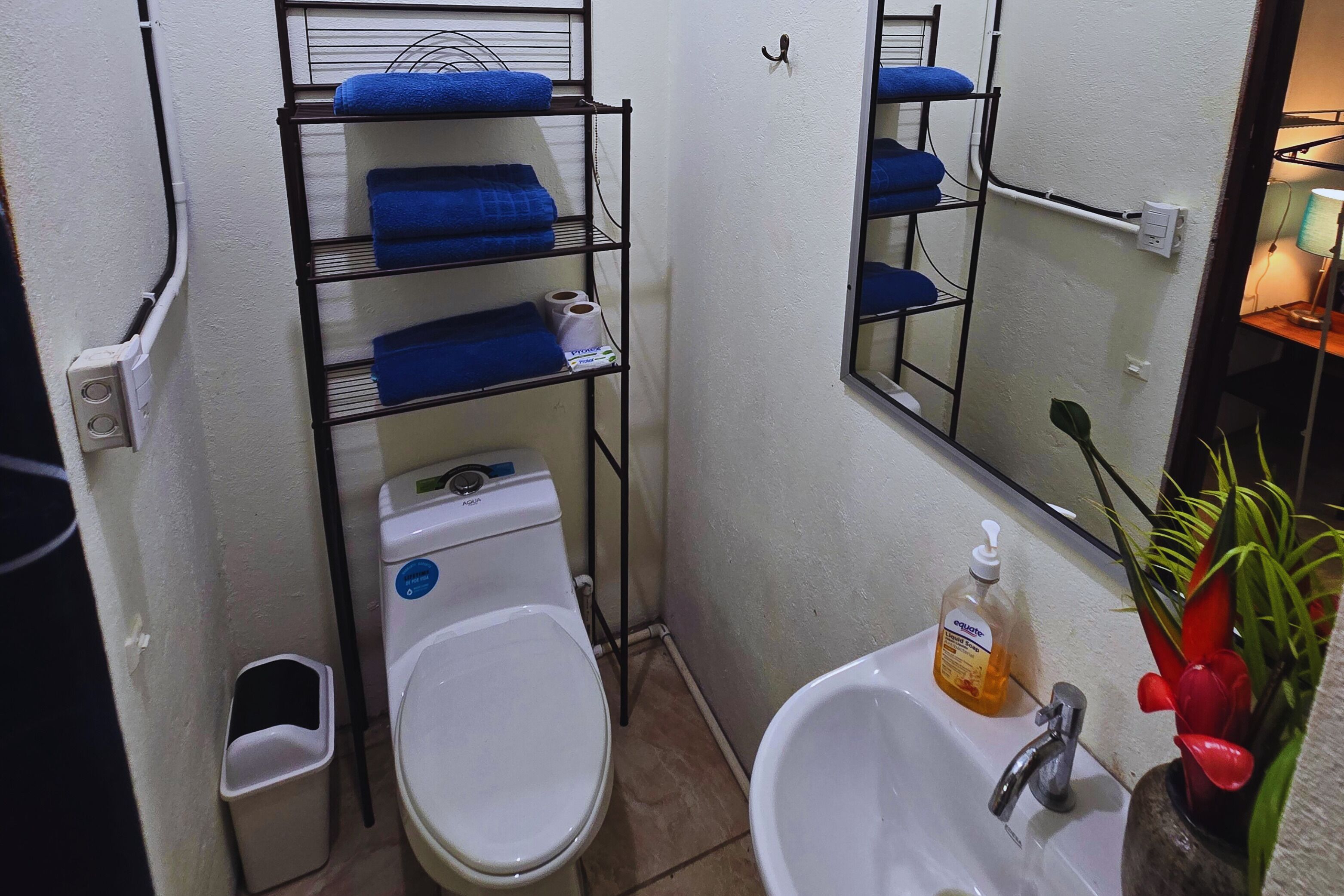 Een douche, handdoeken, zeep, toiletpapier
