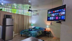 A compact hotel room with a bed, a desk, a refrigerator, a television mounted on the wall, and a ceiling fan.