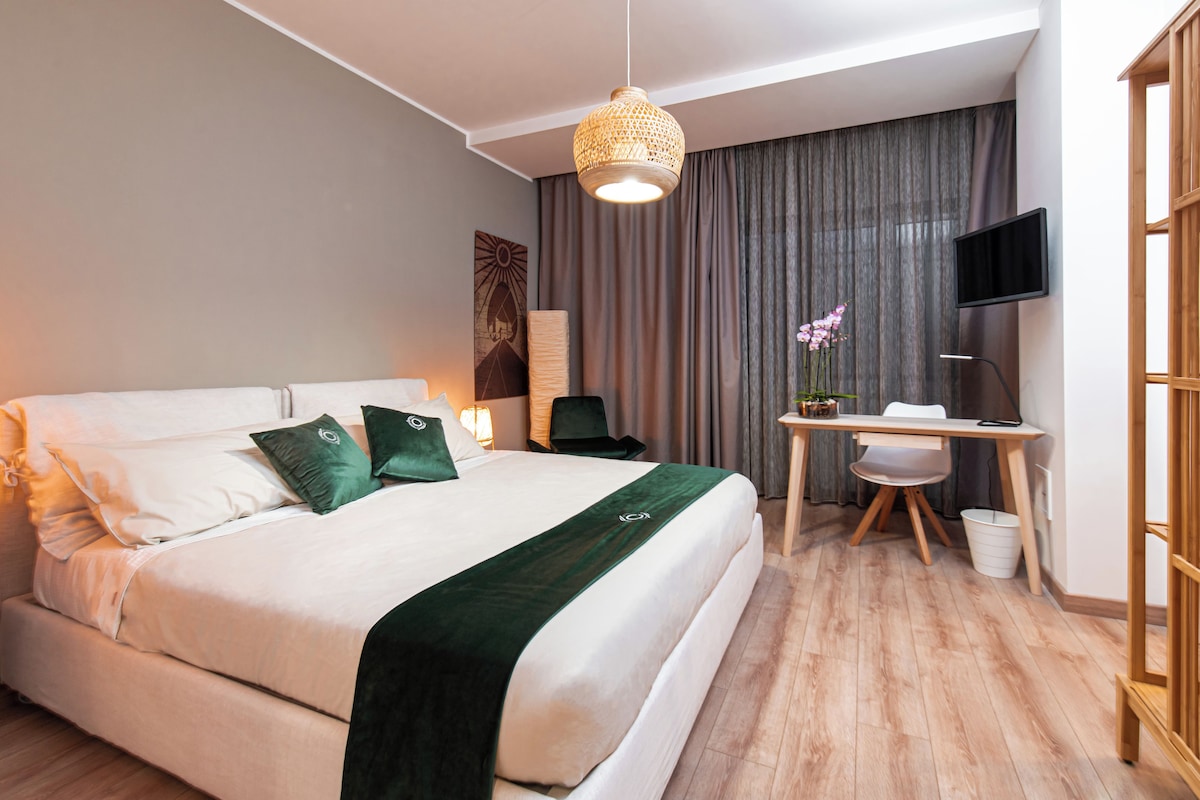Quarto de hotel moderno com uma cama grande, uma escrivaninha com cadeira, uma televisão e uma planta decorativa.