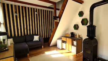 Smart TV, fireplace, books, stereo