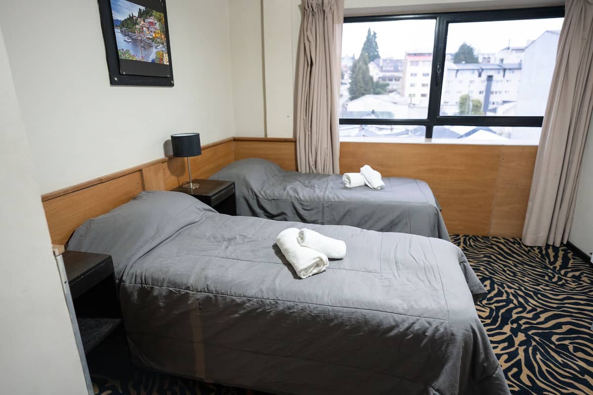 Habitación de hotel con dos camas, una ventana que da a edificios, una alfombra a rayas de cebra y un cuadro en la pared.